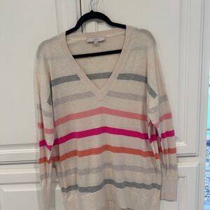 LOFT V-Neck Sweater with Stripes in Cream, Gray, Pink, and Orange